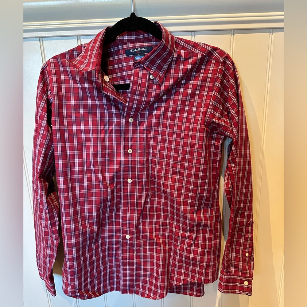 BROOKS BROTHERS Boys SIZE Large Red & White Check Plaid Button Down Shirt